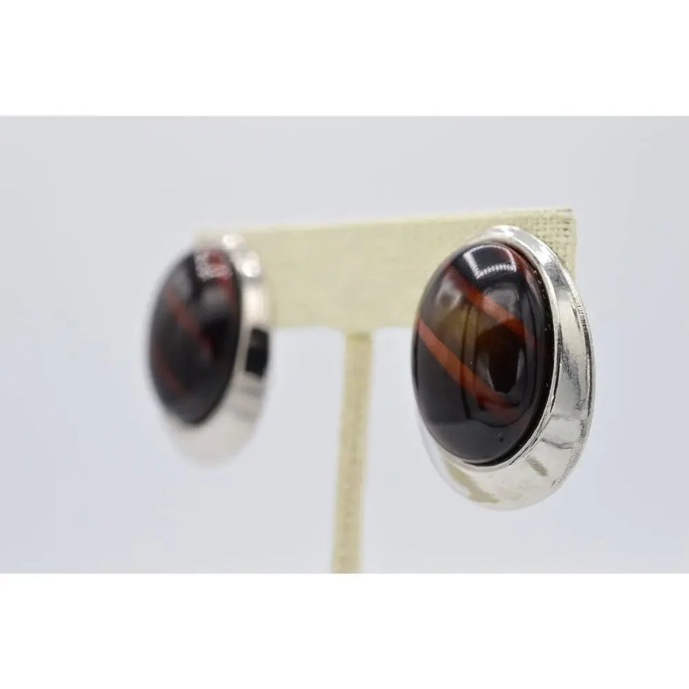 Vintage Oval Clip On Earrings Silver Lucite Tortoise Chunky NOS 1980s BinAA